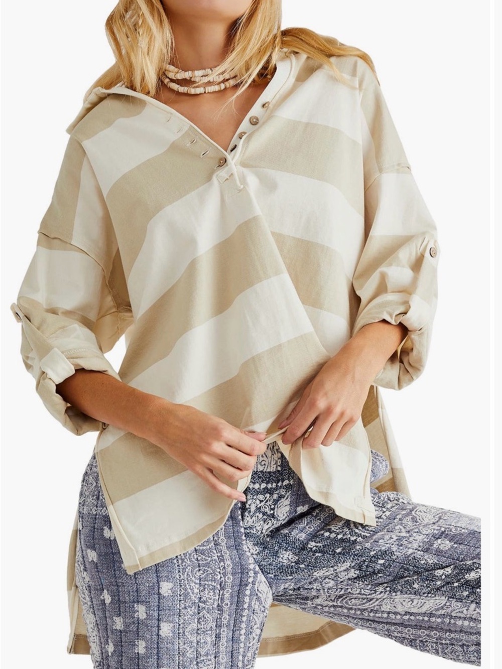 NWOT Free People Peyton Striped Rugby shirt Oversized V-Neck Tunic Top - size sm
